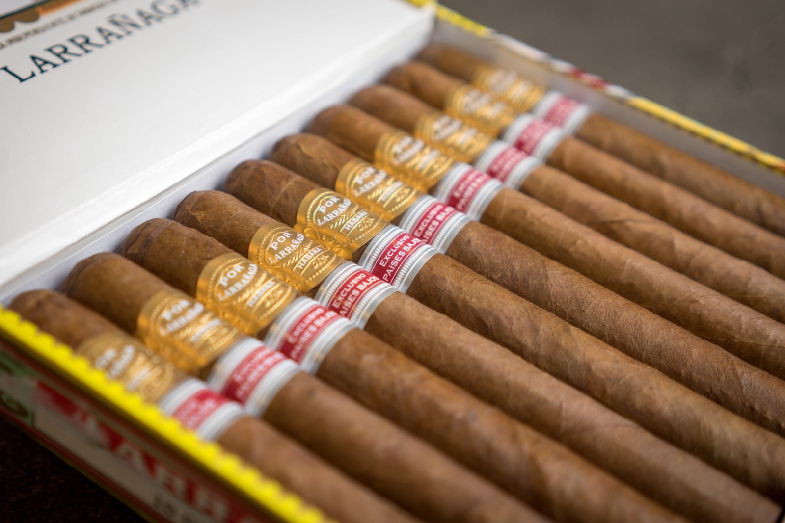 Open box of Por Larranaga Cuban cigars with gold and red bands, warmly lit close-up for a premium cigar guide