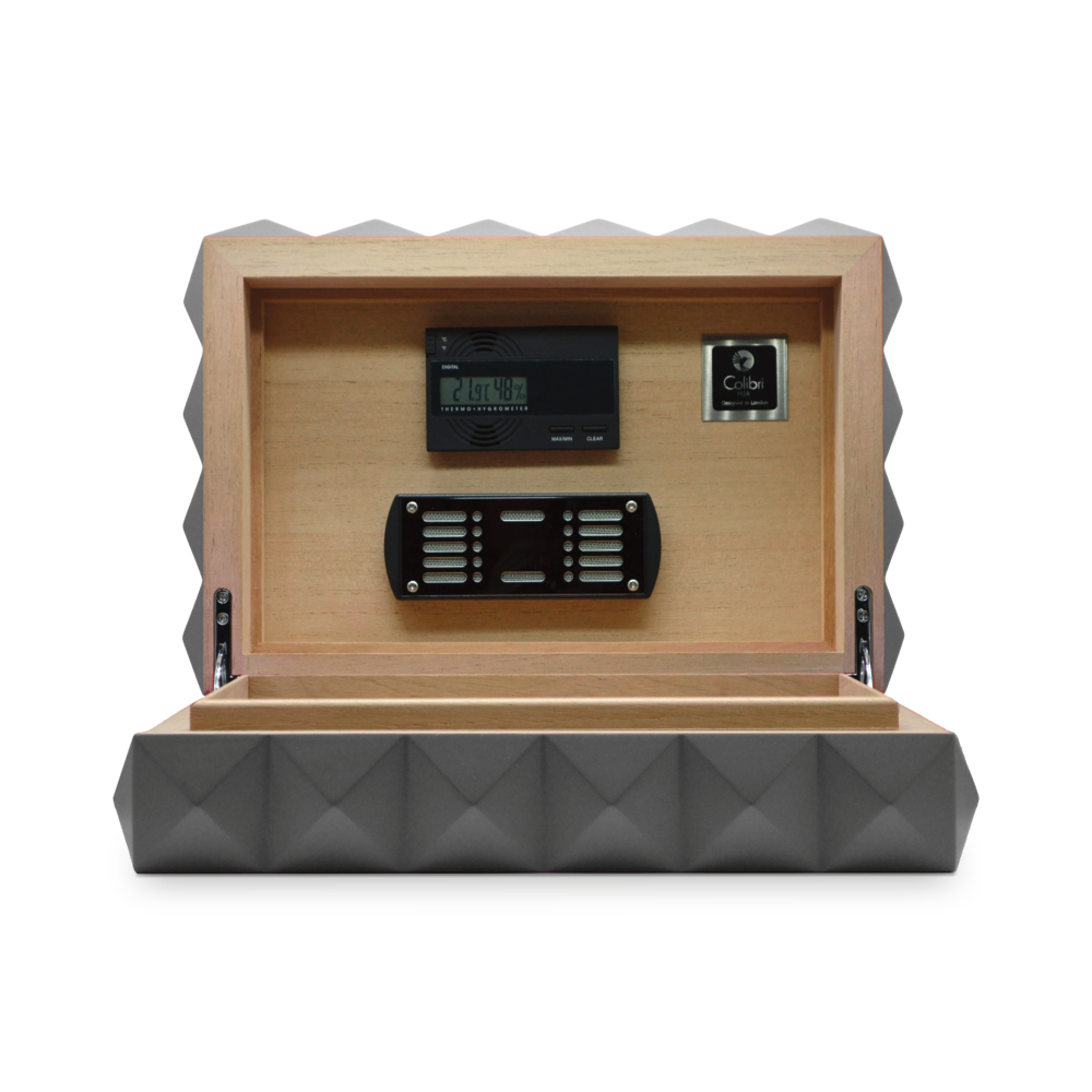 The Colibri Quasar Humidor in gunmetal (open)
