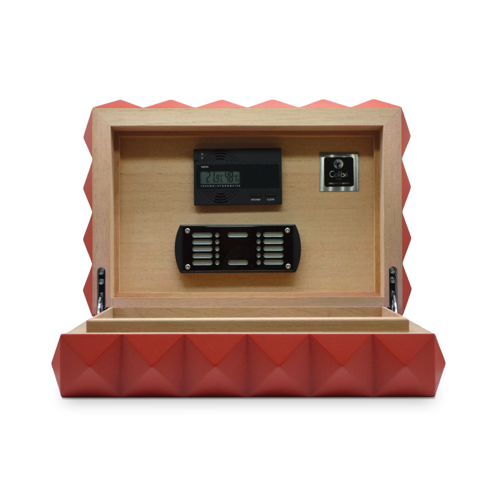 The Colibri Quasar Humidor in red (open)
