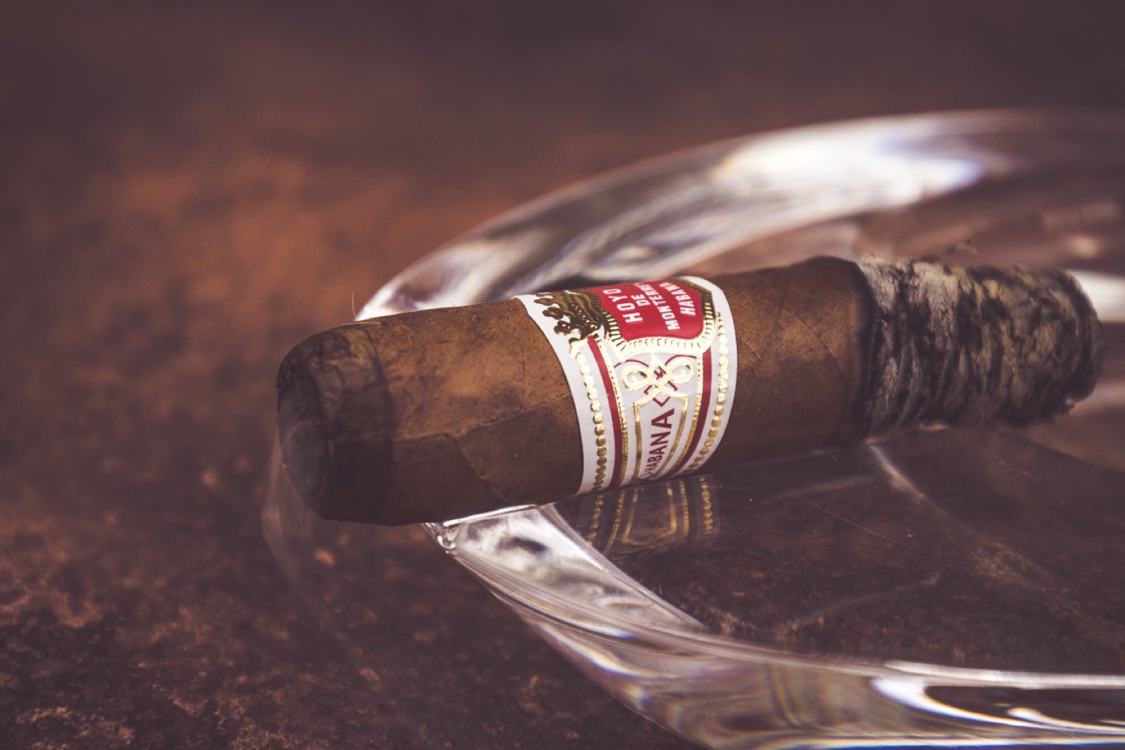 Lit premium Hoyo de Monterrey cigar resting on a glass ashtray in warm light, the perfect cigar for Valentine's Day