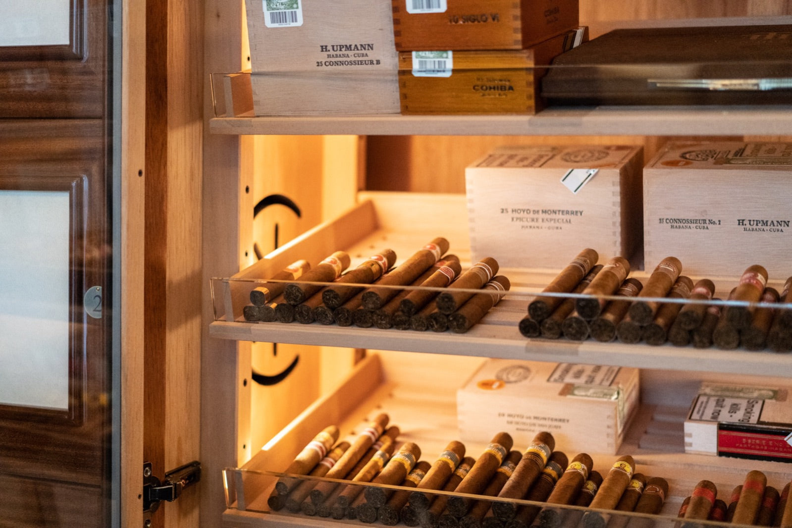 Glowing walk-in humidor cabinet stocked with rows of premium Havana cigars and boxes, ideal for building a cigar collection
