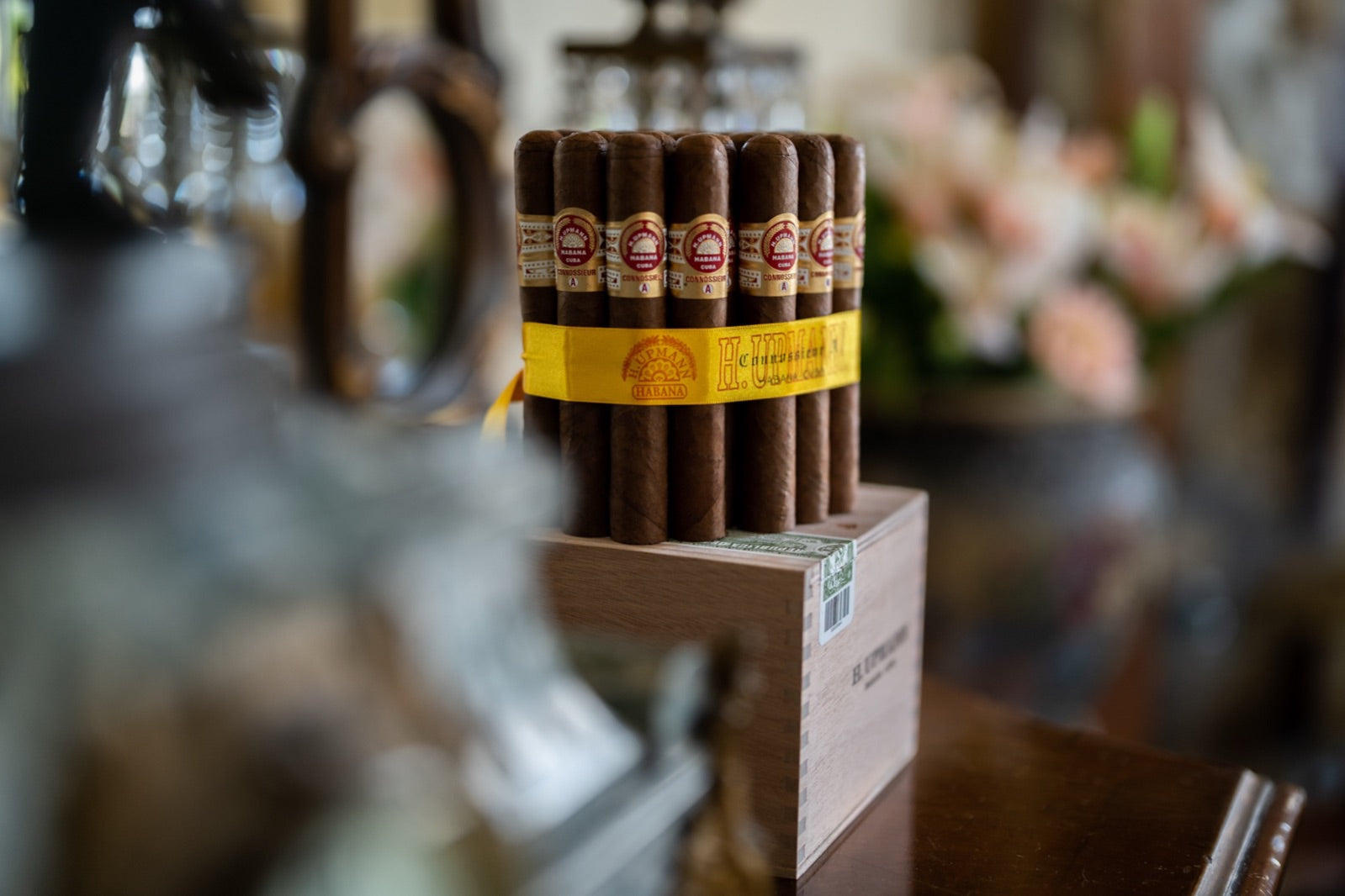 Bundle of banded figurado cigars resting on a Cuban cigar box in a warm luxury lounge, torpedo vs piramide